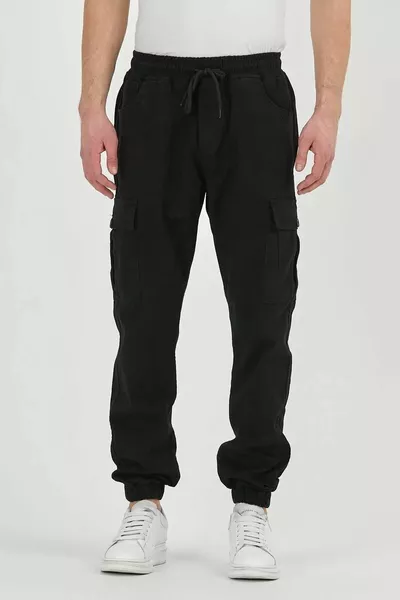 بنطلون رياضي أسود مطاطي للرجال مع جيوب شحن مرنة