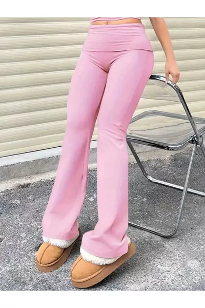 Pembe Renk Beli Katlanır Lastikli Flare İspanypl Paça Panlalon, Bel Katlamalı Tayt