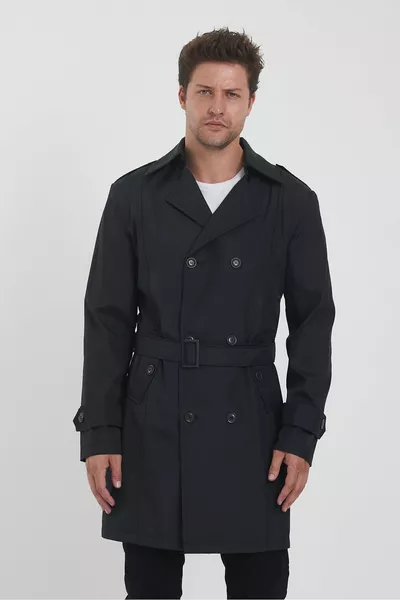 Trench-coat homme noir à col croisé avec ceinture, coupe slim