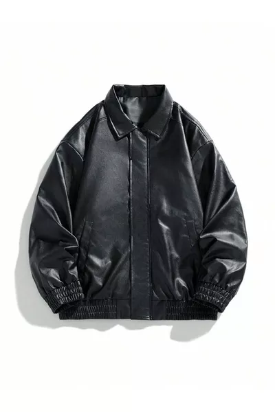 معطف جلدي أسود كبير الحجم طراز التسعينيات