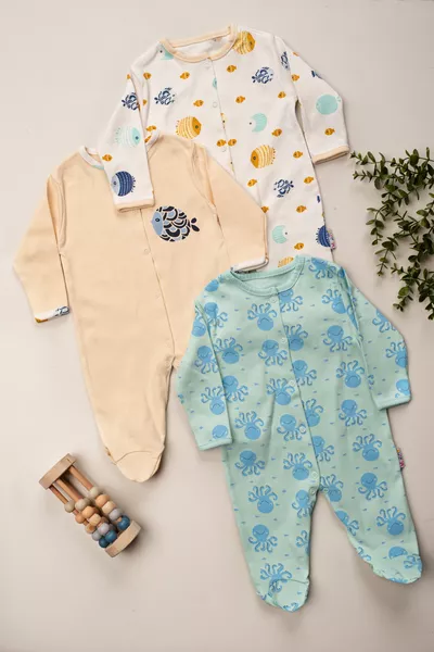 Girl Boy Baby Printed Cotton Snap Button Footed 3-Piece Newborn Outfit Romper Set 3-6-9 Months