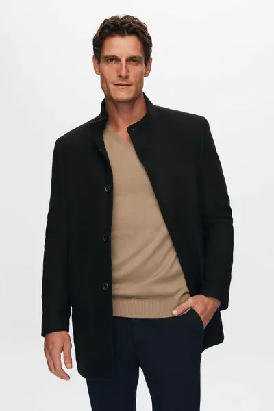 Ds Damat Cappotto in Panno Nero Regular Fit con Colletto alla Coreana