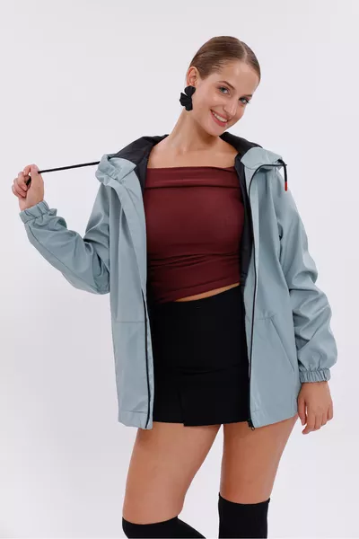 Kadın Mint Yeşil Içi Astarlı Su Geçirmez Ve Rüzgara Dayanıklı Kapüşonlu Cepli Yağmurluk