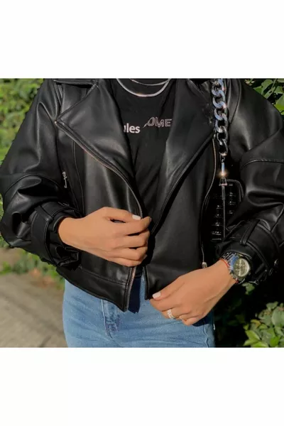 Zwarte ballonmouw leren jas