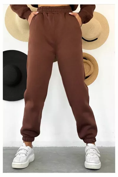 بنطال رياضي نسائي شتوي مرتفع الخصر من قماش بولار ثلاثي الخيوط