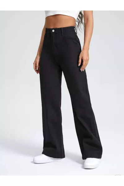 Jean boyfriend noir taille haute à jambes larges