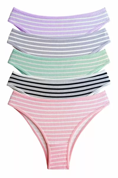 Dames Braziliaanse slip van katoen met streeppatroon van geribbeld materiaal, set van 5
