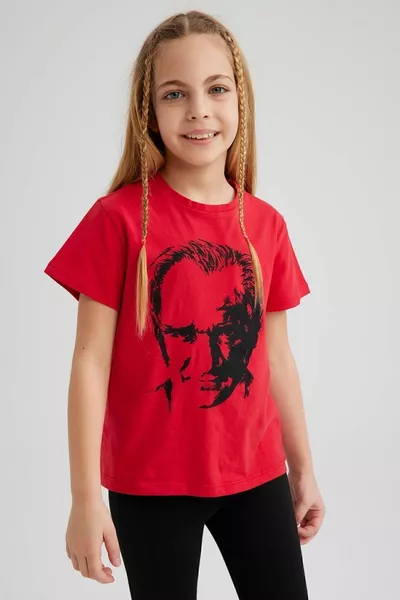 T-shirt rouge pour fille à manches courtes avec col en vélo et imprimé Atatürk sm