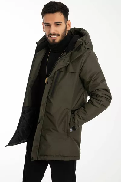 معطف وجاكيت شتوي رجالي بلون الزيتوني مع بطانة فلانس مقاوم للماء والرياح مع قبعة