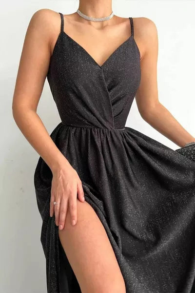 مزدوج الصدر طوق بريق مساء اللباس الأسود