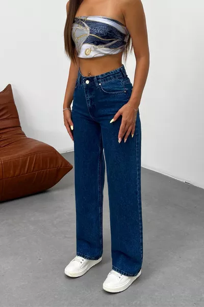 بنطال جينز نسائي كحلي بخصر مرتفع وساق واسعة