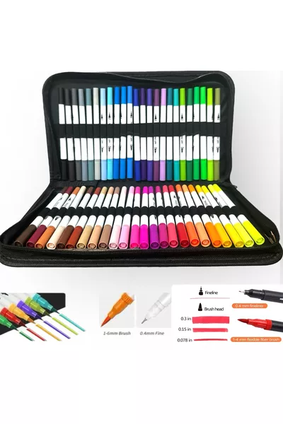  Li Dubbelzijdige Borstel- en 0,4 mm Fijne Punt Markerpen Set Leren Stijl Portemonnee Pennenset Pro