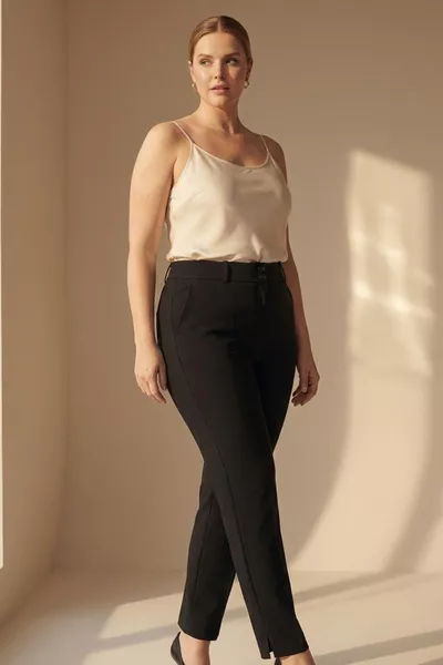 Plus Size Black High-Waist Stretchy Ankle-Length Fabric Pants with Pockets