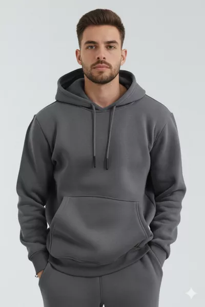 هودي الشتاء بقبعة وأكمام كانغورو، قماش ناعم ثلاثي الخيوط (من الداخل مبطن بالفرو الصناعي) - مقاس أصلي