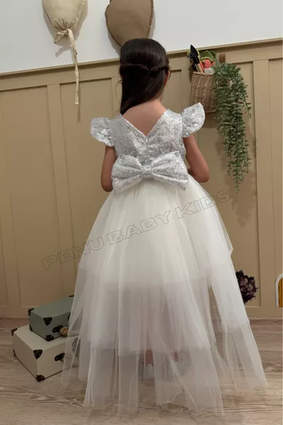 فستان بيبي بنات بأكمام قصيرة وتنورة تول مزين بالترتر الأبيض - إليزابيث