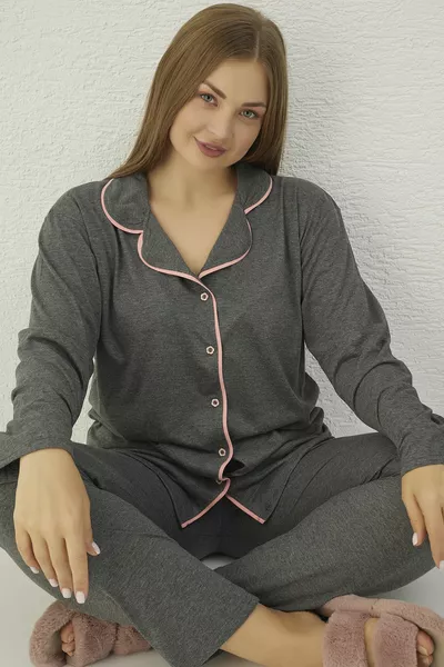 طقم بيجامة بزرار قطني كبير الحجم