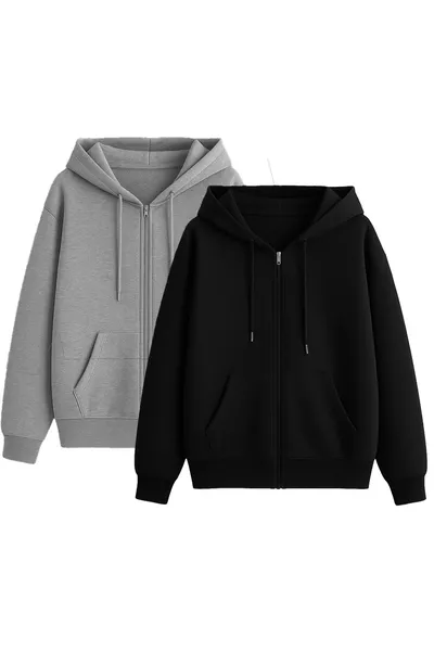 Unisex Black & Gray Zipper Hoodie Sweatshirt 2-Piece Deal Pack