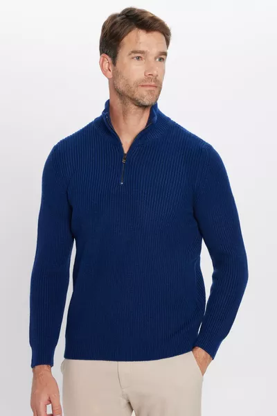 كنزة صوفية رجالية ضيقة مقاس نحيف مع سحاب وياقة عالية باللون الأزرق الداكن