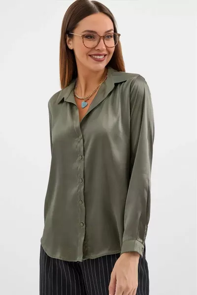 Women's Khaki Light Flowing Satin Surface Shirt 