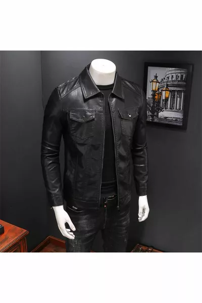 Manteau en cuir véritable pour homme Blouson noir