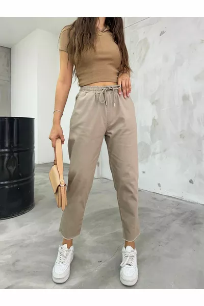 بنطال نسائي بخصر عالٍ ضيق مع جيوب مصنوع من القطن والإلياف المطاطية