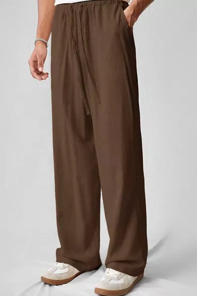 بنطال رجالي واسع بقصة أرجل عريضة من مزيج الكتان