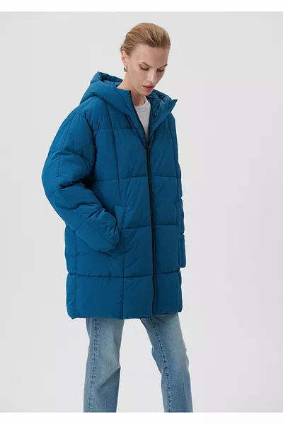 Стеганая с капюшоном синяя пуховая куртка свободного кроя / свободный удобный силуэт 