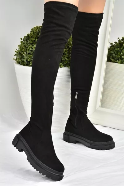 حذاء نسائي أسود من الجلد المخملي المطاطي مرن حتى الركبة 