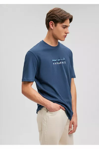 Logo Nakışlı Lacivert Tişört Loose Fit / Bol Rahat Kesim 
