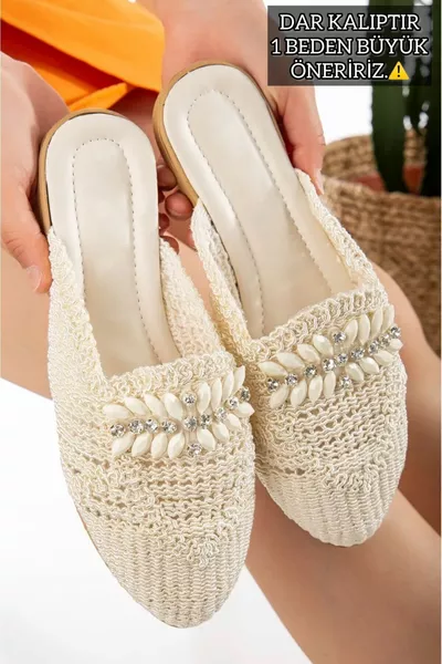 Kadın Hasır Terlik Önü Kapalı Örgü Dantel Taş Detaylı Şık Yazlık Ev Plaj Tatil Terliği