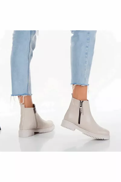 Повседневные женские ботинки бежевого цвета из кожи с двойной молнией