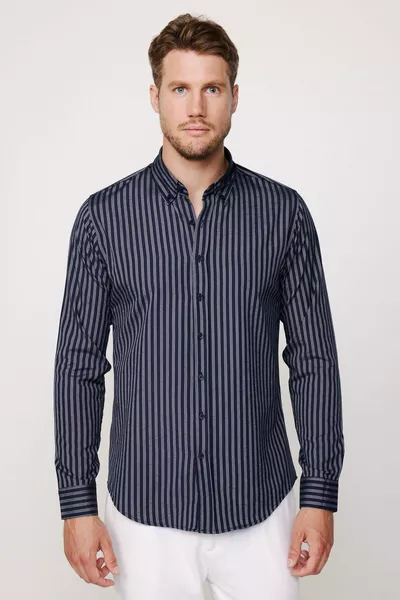 سليم صالح كم طويل أزرار ياقة القطن سهلة الكي مخطط قميص الرجال