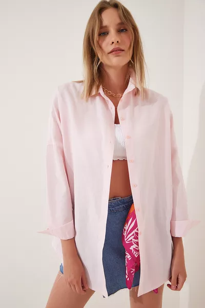 Dames Lichtroze Oversized Lange Basic Blouse 