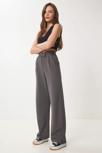 Beli Cırtlı Rahat Palazzo Pantolon ANTRASİT 