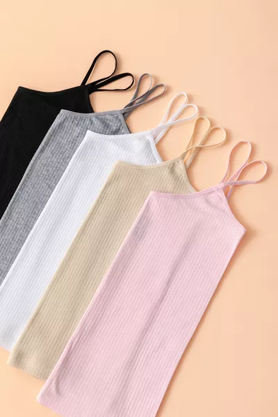 Дамски основен потник с тънки презрамки, черен, бял, сив, телесен, розов, комплект от 5 броя