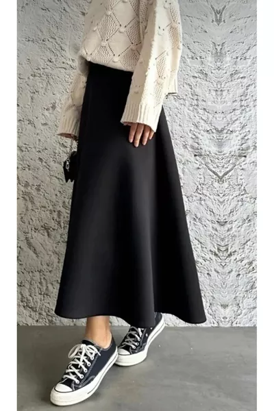 Women's Black Knitted Crepe Fabric Flared Modest and Casual Skirt Length: cm