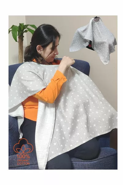 Muslin Gray Stars Poncho  Functional Stroller Cover and Nursing Bib Nursing Cover