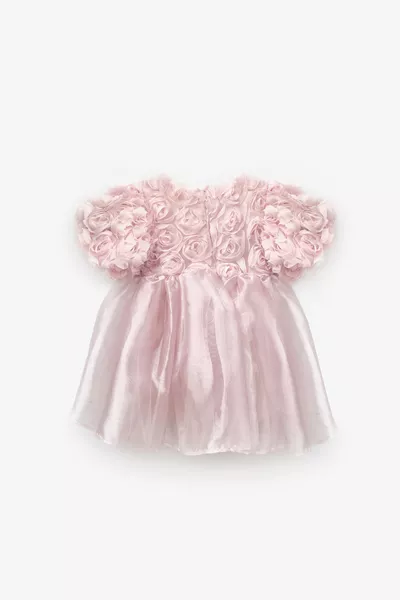 فستان بناتي بألوان وردية بتفاصيل ورود وتنورة تول - نيليا