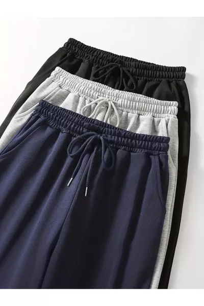 مجموعة نسائية مكونة من 3 قطع من سروال وفوقية فضفاضة عالية الخصر باللون الكحلي والأسود والرمادي - شَه مودة