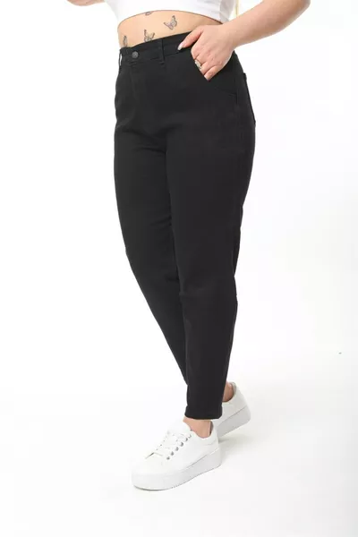 Mom Fit Jeans Plus Size High Waist Carrot Cut Slim Leg Pleated Stretch Denim Pants - Black