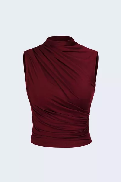  Kolsuz Büzgülü Bordo Crop Bluz