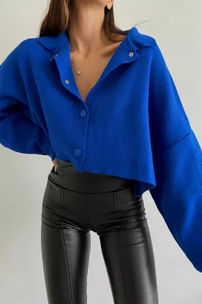 Çıt Çıt Detay Crop Hırka Saks Mavi