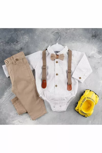 4-teiliges Babyjungen-Set für Feiertage mit gepunktetem Body, Hemd und verstellbarer Leinenhose