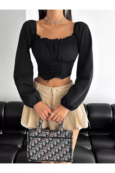 Женская черная блузка с рукавами-фонариками, корсетного кроя, с воротником «мадонна», укороченная, из ткани неопрена