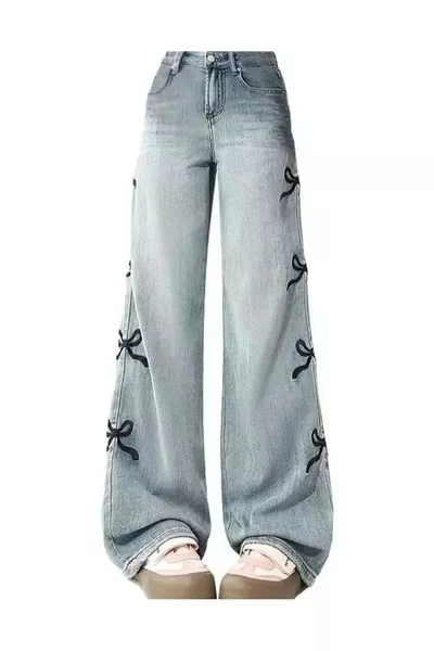 k Ribbon Detail Bol Paça Yıkamalı Pantolon Jean