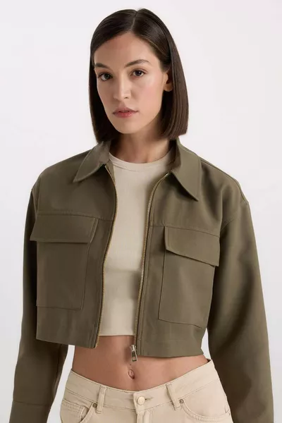 Crop Zippered Double Pocket Gabardine Long Sleeve Shirt Jacket AU