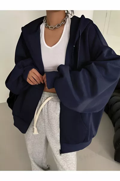 Navy Blue Hooded Cardigan Sweatshirt with Fleece