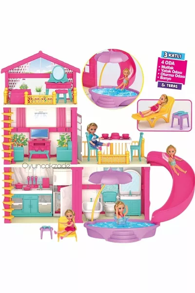 Игрушечный миниатюрный домик, 3 этажа, 4 комнаты, домик для игр с террасой и горкой, все аксессуары включены