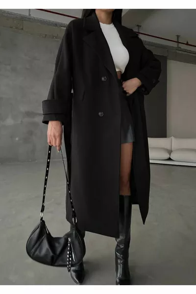 Kadın Manşet Detaylı Kemerli Uzun Kaşe Kaban Palto Oversize Rahat Kesim
