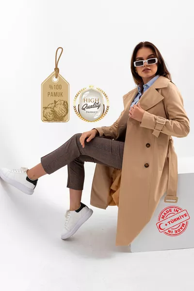 معطف ترينش نسائي طويل بحزام، مبطن، قماش جاباردين قطن % باللون البيج الفاتح ( سم) 